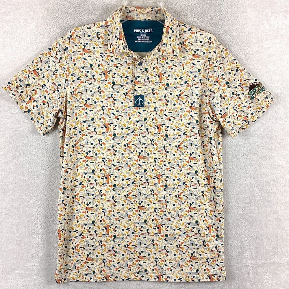 Pins & Aces Polo Shirt Men M Multicolor Duck AOP Stretch Performance Preppy Golf